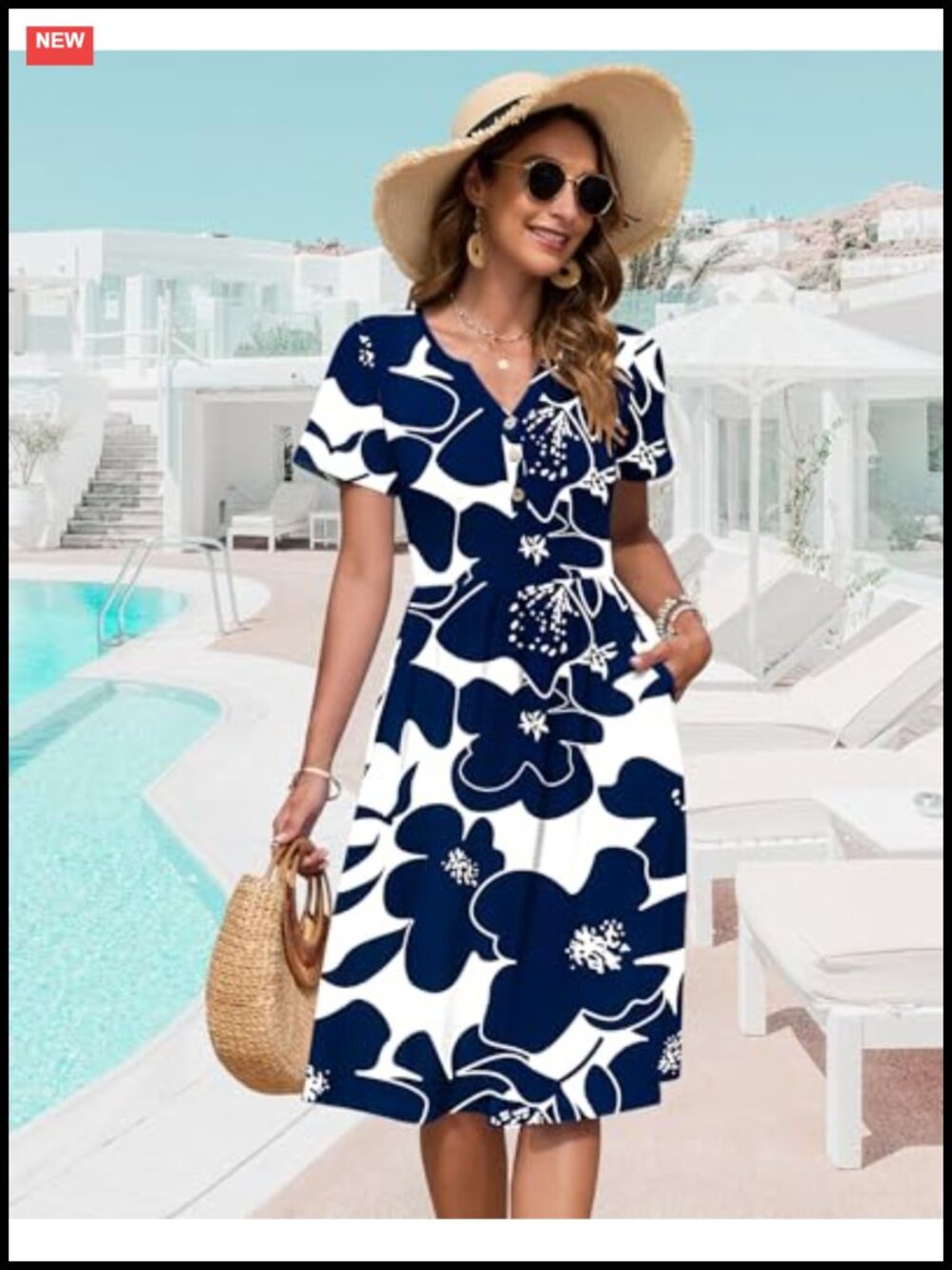 Women's V Neck Button Down Midi Summer Dress with Pockets Short Sleeve - Picture 4 of 4